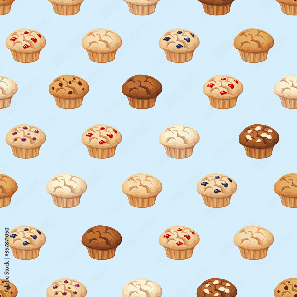Vector seamless pattern with muffins on a blue background. Vector seamless pattern with muffins on a blue background.