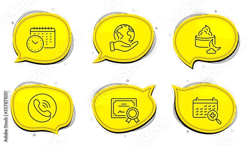 Call center sign. Diploma certificate, save planet chat bubbles. Night cream, Calendar time and Medical calendar line icons set. Face lotion, Clock, Doctor appointment. Phone support. Vector