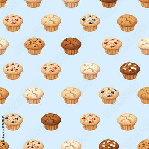 Vector seamless pattern with muffins on a blue background.