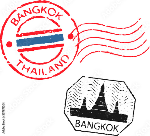 Two postal stamps ''Bangkok''. Flag of Thailand and Wat Arun buddhist temple silhouette.