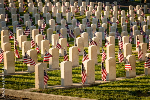 Military Headstones Decorated with Flags for Memorial Day photo