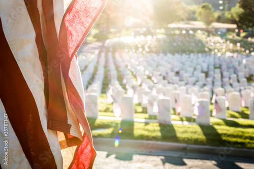 Tableau sur toile Military Headstones Decorated with Flags for Memorial Day