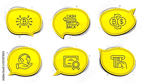 Credit card sign. Diploma certificate, save planet chat bubbles. Bitcoin exchange, Bitcoin system and Cashback card line icons set. Cryptocurrency change, Cryptocurrency scheme, Money payment. Vector