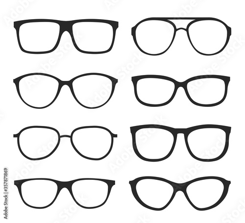 Many types of glasses. Fashion collection set glasses isolated. Vector illustration. Glasses icons frames silhouettes.