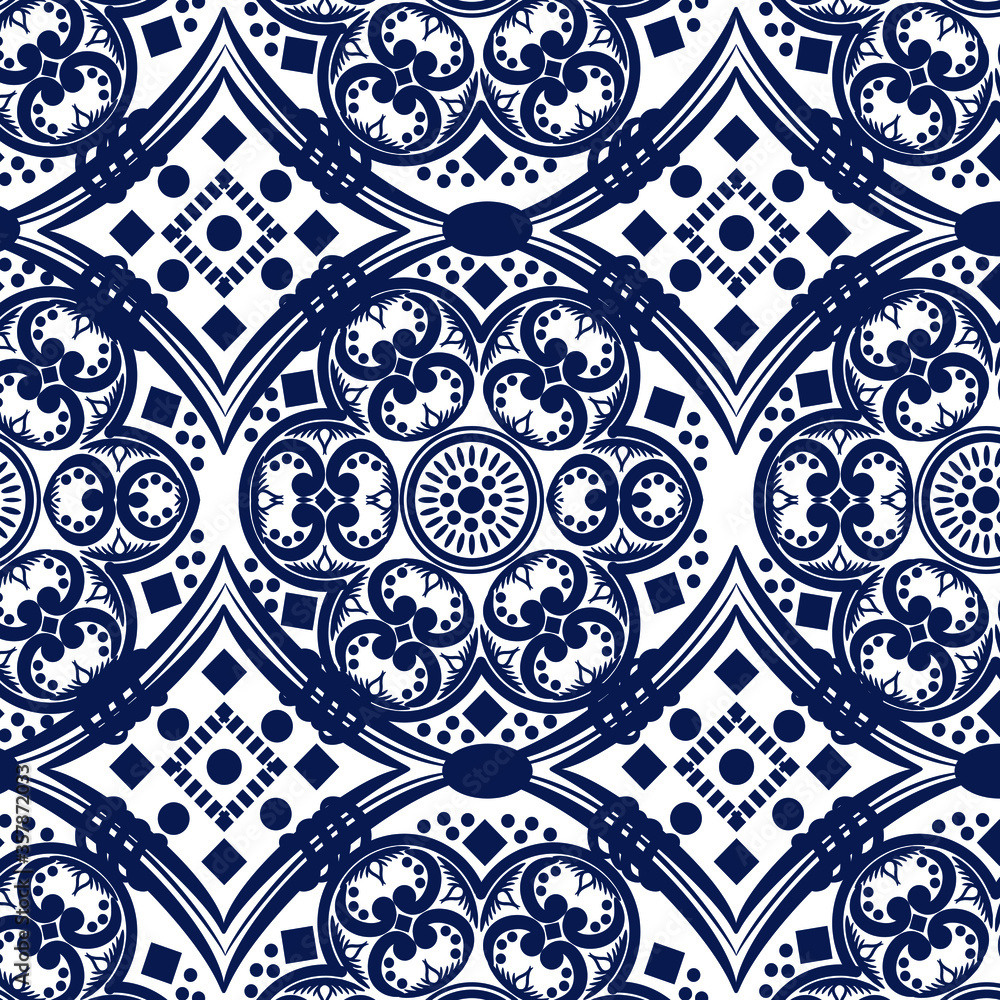 Diseño vectorial en patron estilo talavera mexicana con colores en azul