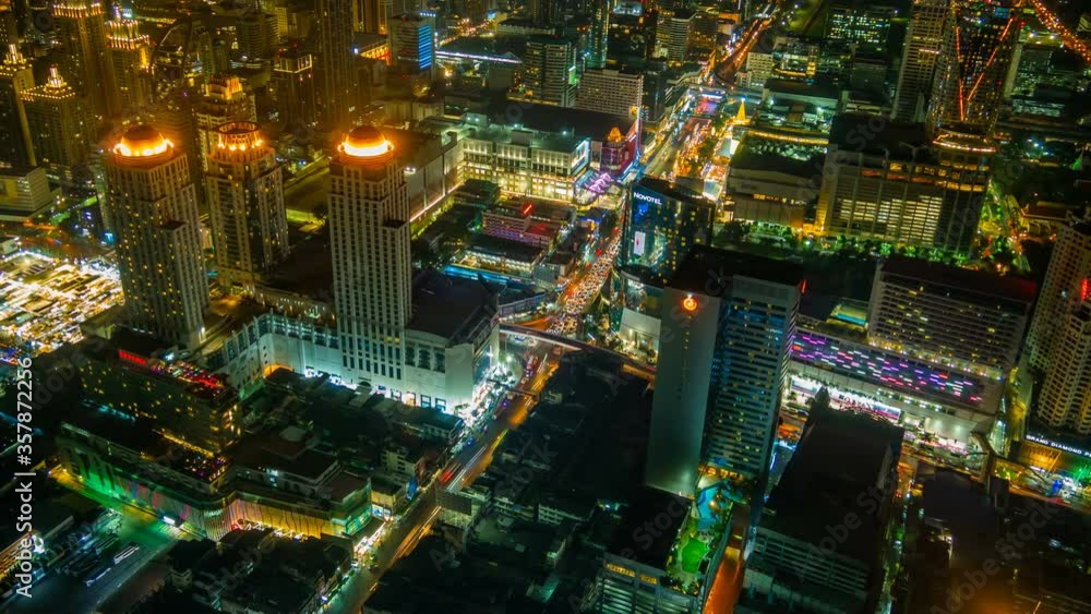 time lapse aerial view of Bangkok city downtown and road traffic at night of Thailand , Cityscape time lapse aerial view of Bangkok city downtown and road traffic at night of Thailand , Cityscape