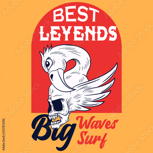 Ilustracion de craneo con rayo y flamingo encima con texto estilo surf californiano, diseño totalmente de moda