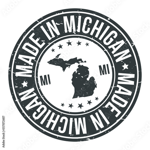 Made in Michigan State USA Quality Original Stamp Design Vector Art Tourism Souvenir Round