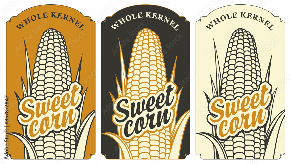 Sweet corn labels in retro style. A set of vector labels or banners for