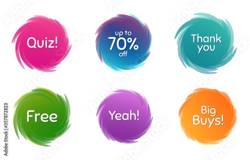 Swirl motion circles. Quiz, 70% discount and free. Thank you phrase. Sale shopping text. Twisting bubbles with phrases. Spiral texting boxes. Big buys slogan. Vector