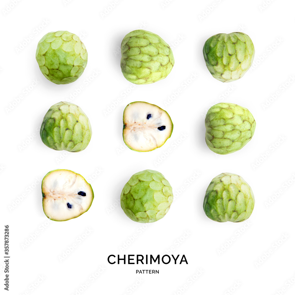 Fototapeta premium Seamless pattern with cherimoya. Tropical abstract background. Cherimoya on the white background.