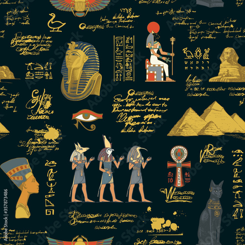 Seamless pattern on an Ancient Egypt theme with colored images and illegible scribbles on the black background. Vector repeating illustration. Suitable for Wallpaper, wrapping paper, fabric