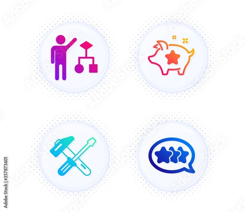 Algorithm, Hammer tool and Loyalty points icons simple set. Button with halftone dots. Stars sign. Developers job, Repair screwdriver, Piggy bank. Customer feedback. Technology set. Vector