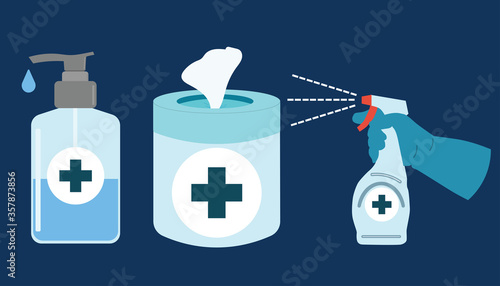 Vector illustrations of hand disinfectant bottle and disinfection spray and wet wipe disinfection