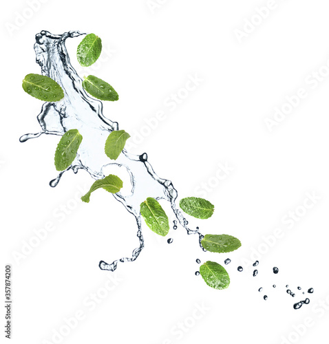 Set of flying green mint leaves with splash of water on white background