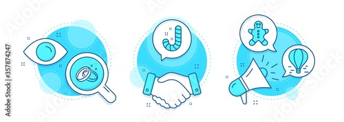 Wedding rings, Candy and Gingerbread man line icons set. Handshake deal, research and promotion complex icons. Air balloon sign. Love, Lollypop, Christmas cookie. Flight travel. Holidays set. Vector