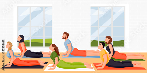 People doing cobra pose bhujangasana. Women and men practicing yoga and meditation. Vector characters illustration