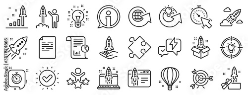 Launch Project, Business report, Target icons. Startup line icons. Strategy, Development plan, Startup space rocket. Air balloon, Out of the Box strategy and Business innovation report. Vector