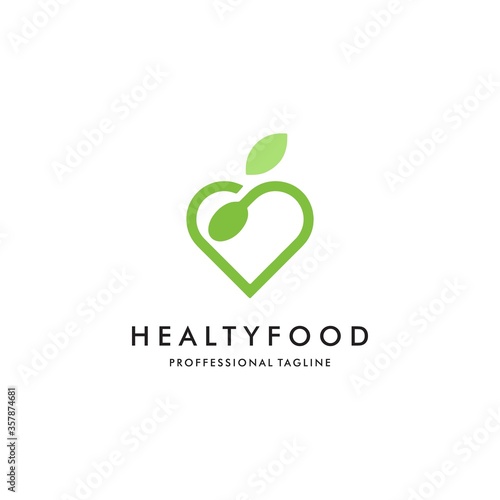 Healthy food logo template. Organic food vector design. Fork, spoon and leaves logotype