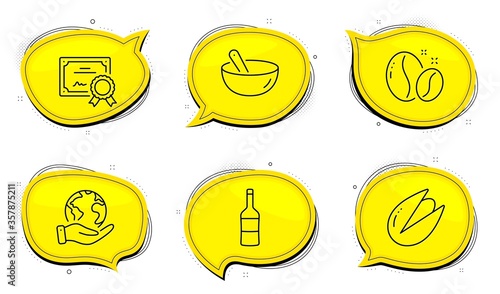 Wine sign. Diploma certificate, save planet chat bubbles. Cooking mix, Coffee beans and Pistachio nut line icons set. Bowl, Roasted seeds, Vegetarian food. Merlot bottle. Food and drink set. Vector