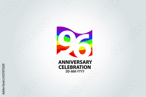 96 year anniversary celebration logotype with white number Emboss Style isolated on LGBT Colorful Flag on white grey background for invitation card, banner or flyer -vector