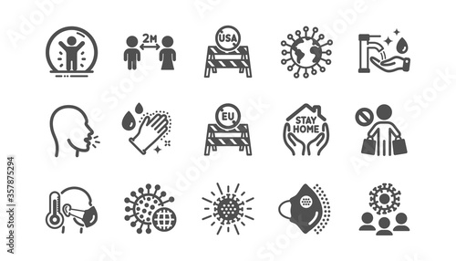 Coronavirus icons set. Washing hands hygiene, medical protective mask, eu shut borders. Stay home, safe distance, coronavirus epidemic mask icons. Covid-19 virus pandemic, usa close borders. Vector