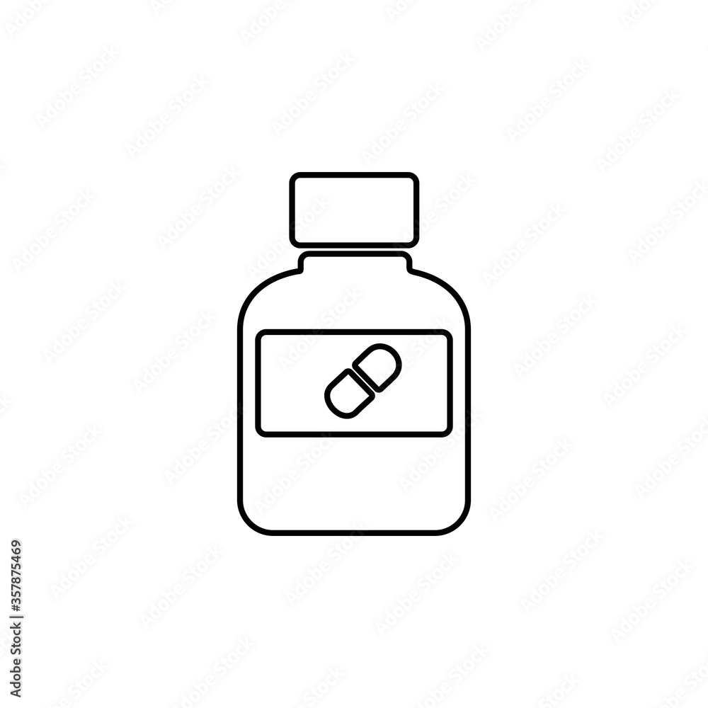 Medicine bottle icon. Pill container symbol. Line icon design. Medicine bottle icon. Pill container symbol. Line icon design.
