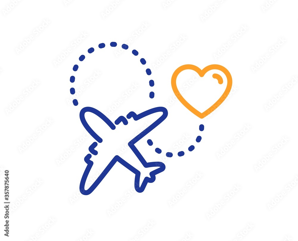 Honeymoon travel line icon. Love trip sign. Valentines day flight symbol. Colorful thin line outline concept. Linear style honeymoon travel icon. Editable stroke. Vector