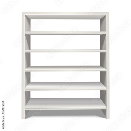 3d realistic vector shelf stand in white color from front view. Isolated on white background.