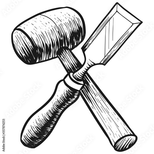 Chisel and mallet icon in sketch style. Woodworking tool vector illustration.