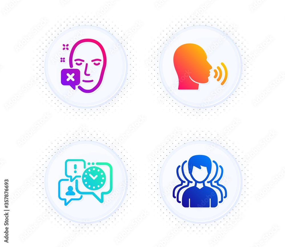 Human sing, Time management and Face declined icons simple set. Button with halftone dots. Group sign. Talk, Office chat, Identification error. Headhunting service. People set. Vector