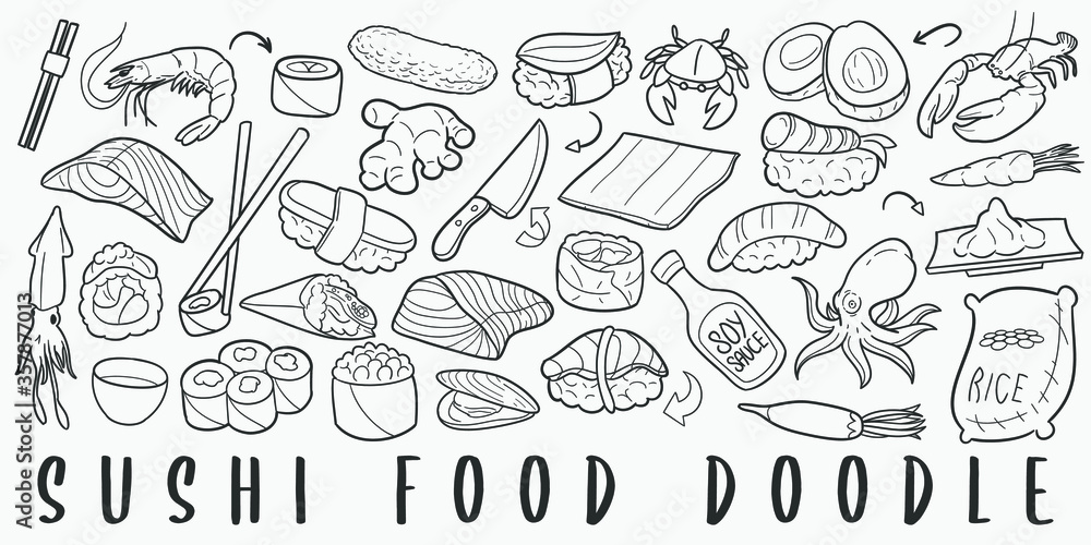 Sushi Food Japan Doodle Line Art Illustration. Hand Drawn Vector Clip Art. Banner Set Logos.