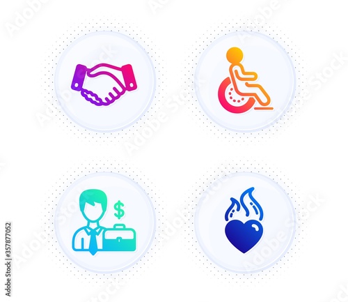 Businessman case, Disability and Employees handshake icons simple set. Button with halftone dots. Heart flame sign. Human resources, Disabled person, Deal hand. Love fire. People set. Vector
