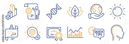 Set of Science icons, such as Cogwheel, Settings blueprint. Certificate, save planet. Chemistry dna, Quick tips, Organic tested. Journey path, Head, Infochart. Sun energy, 3d chart line icons. Vector