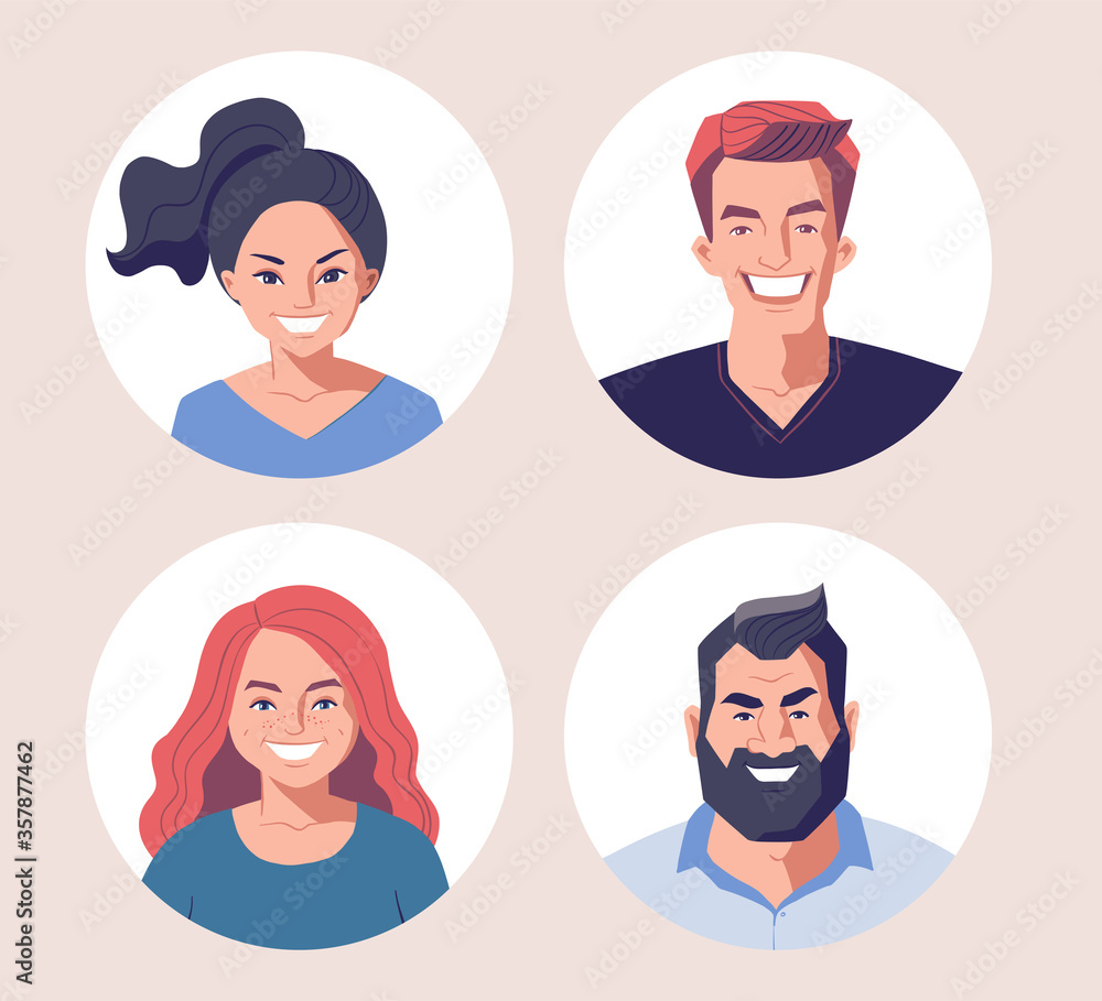 Cartoon portraits of young adults, front view. Diverse group of people, vector character illustration. User avatars for social media. Happy men and women, heads and smiling faces. Cartoon portraits of young adults, front view. Diverse group of people, vector character illustration. User avatars for social media. Happy men and women, heads and smiling faces.