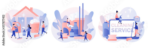 Cleaning service. Tiny people clean house. Professional hygiene service for domestic households. Set cleaning tool. Modern flat cartoon style. Vector illustration on white background