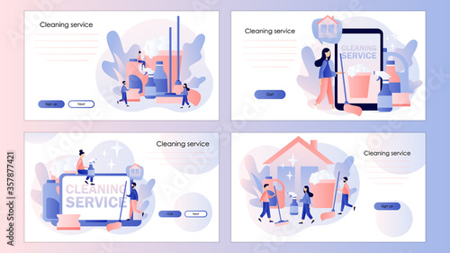 Cleaning service. Tiny people clean house. Cleaning tool. Screen template for mobile smart phone, landing page, template, ui, web, mobile app, poster, banner, flyer. Modern flat cartoon style. Vector 