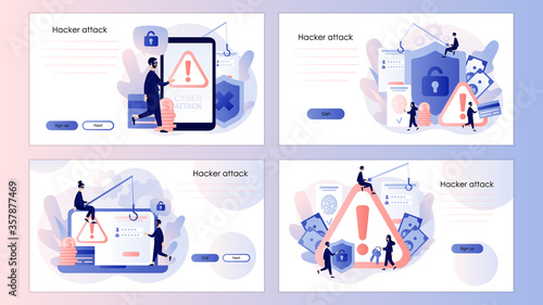 Internet hacker attack and personal data security concept. Screen template for mobile smart phone, landing page, template, ui, web, mobile app, poster, banner, flyer. Modern flat cartoon style. Vector