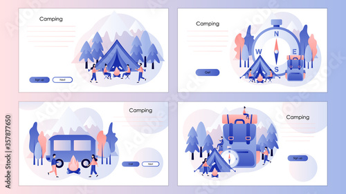 Camping concept. Nature tourism. Summer camp. Screen template for mobile smart phone, landing page, template, ui, web, mobile app, poster, banner, flyer. Modern flat cartoon style. Vector illustration