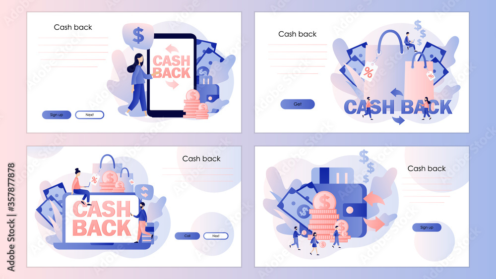 Fototapeta premium Cash back concept. Money refund, reward program, shopping. Screen template for mobile smart phone, landing page, template, ui, web, mobile app, poster, banner, flyer. Modern flat cartoon style. Vector