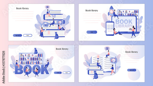 Book library. Tiny people reading books. Screen template for mobile smart phone, landing page, template, ui, web, mobile app, poster, banner, flyer. Modern flat cartoon style. Vector illustration