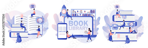 Book library. Literature fans, E-book, media library, learning online.  Tiny people reading books. Modern flat cartoon style. Vector illustration on white background