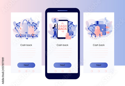 Cash back concept. Money refund, reward program, transfer money, online banking, online shopping, money growth. Screen template for mobile smart phone. Modern flat cartoon style. Vector illustration 