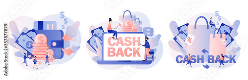 Cash back concept. Money refund, reward program, transfer money, online banking, online shopping, money growth. Modern flat cartoon style. Vector illustration on white background