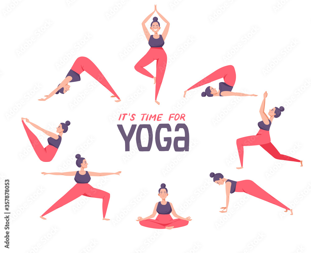 Poster with Time for yoga text. Woman practicing yoga. Yoga workout poses. Girl exercising, meditating, doing fitness. Female yoga illustration isolated on white.