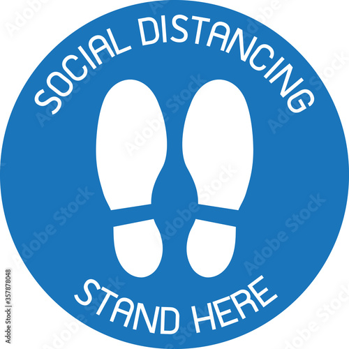 Vector of  Blue CAUTION Practice Social Distancing sign and symbols for People stand
