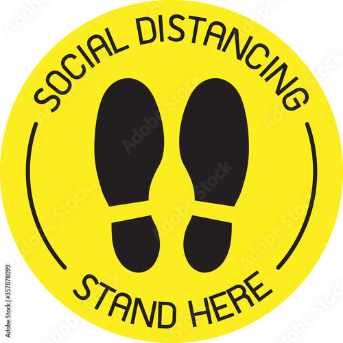 Vector of Yellow CAUTION Practice Social Distancing sign and symbols for People stand