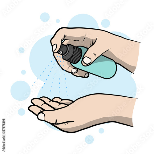 Wash your hands using Hand Sanitizer, a hand drawn vector illustration of how to protect hands from bacteria and corona virus by using hand sanitizer properly