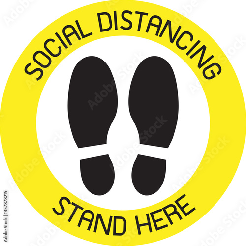 Vector of Yellow CAUTION Practice Social Distancing sign and symbols for People stand in designated areas in an elevator as a social distancing 
