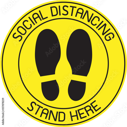 Vector of Yellow CAUTION Practice Social Distancing sign and symbols for People stand